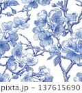 Blue Vintage Engraved Cherry Blossom Toile Pattern 137615690