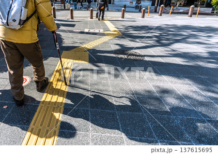 日本の横浜都市景観杖の高齢男性、…危険が多い歩道に黒い影が揺れる…人生とは…=横浜市内(横浜駅西口) 日本の横浜都市景観杖の高齢男性、…危険が多い歩道に黒い影が揺れる…人生とは…=横浜市内(横浜駅西口) 137615695