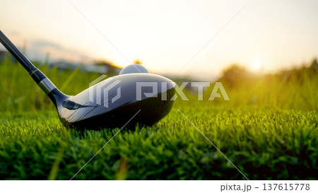 Golf clubs and balls on a green lawn in a beautiful golf course with morning sunshine. 137615778
