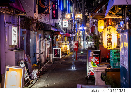 JR大森駅・山王小路飲食店街(地獄谷)の夜景 昭和レトロな路地裏と看板 JR大森駅・山王小路飲食店街(地獄谷)の夜景 昭和レトロな路地裏と看板 137615814