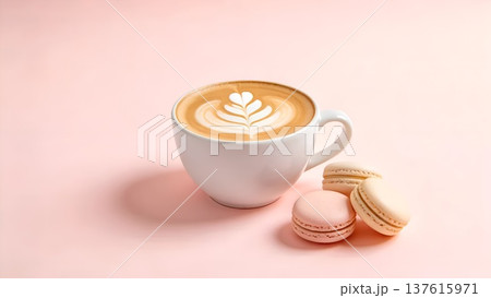 パステルピンクの背景にカフェラテとマカロン 137615971