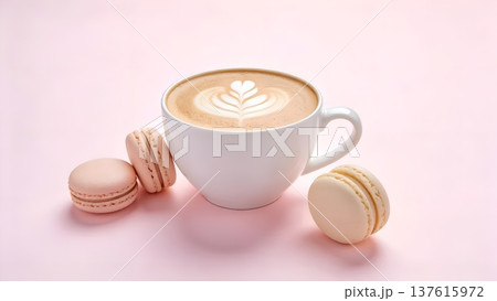 パステルピンクの背景にカフェラテとマカロン パステルピンクの背景にカフェラテとマカロン 137615972