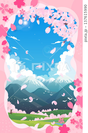 桜並木の春の景色とポップな桜フレーム1_縦 137615990