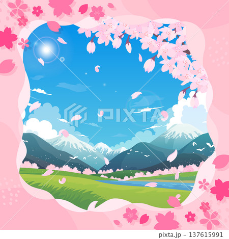 桜並木の春の景色とポップな桜フレーム1_正方形 137615991