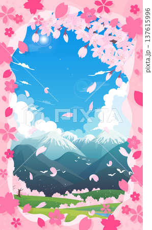 桜並木の春の景色とポップな桜フレーム3_縦 137615996