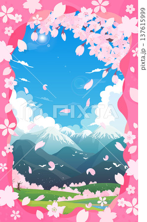 桜並木の春の景色とポップな桜フレーム4_縦 137615999