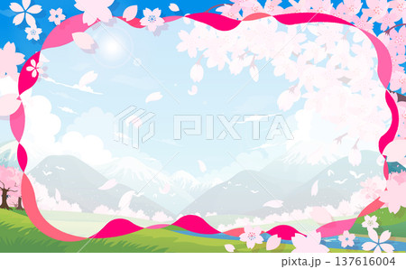 桜並木の春の景色とポップな桜フレーム6_横 137616004