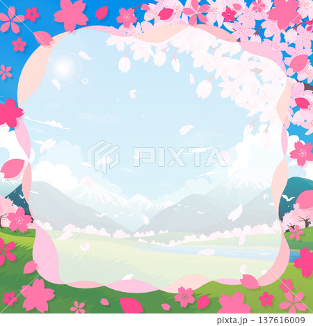 桜並木の春の景色とポップな桜フレーム7_正方形 137616009