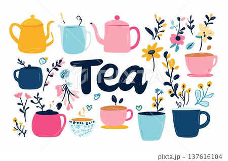 set of colorful tea cups and chamomile tea 137616104