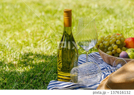 Picnic with wine, fruits, and baguette on a green meadow 137616132