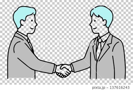 Illustration of businessmen shaking hands: Contract conclusion and trust partnership (simple line drawing, vector) 137616243