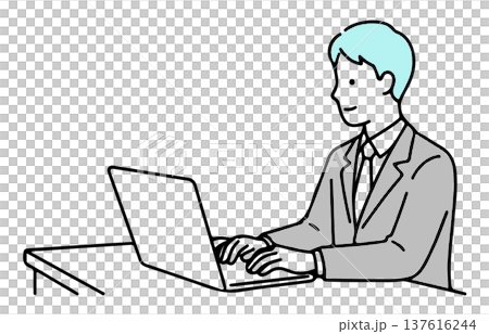 一位商務人士在辦公桌前使用筆記型電腦工作的插圖：遠距辦公與專注（簡筆畫） 137616244
