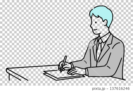 書類に記入するビジネスマンのイラスト：契約と事務作業（シンプルな線画・ベクター） 137616246
