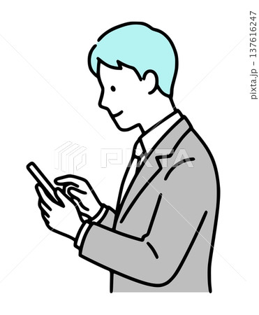 スマートフォンを操作する会社員。メッセージ送信、アプリ操作、ゲームプレイ（シンプルな線画・ベクター） 137616247