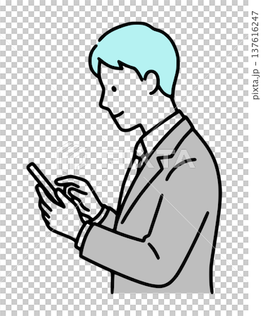 スマートフォンを操作する会社員。メッセージ送信、アプリ操作、ゲームプレイ（シンプルな線画・ベクター） 137616247