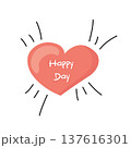 Cute coral heart with Happy Day lettering and doodle rays, ideal for greeting cards, stickers 137616301