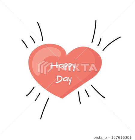 Cute coral heart with Happy Day lettering and doodle rays, ideal for greeting cards, stickers 137616301