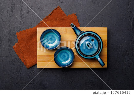 Asian tea ceremony set with teapot and cups 137616413