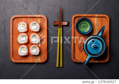 Sushi set with tea and small teapot Sushi set with tea and small teapot 137616427