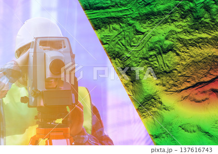 Geoedetic device engineer geodesist terrain elevation map. Engineering surveys in construction and design 137616743