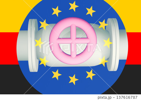 Pipe European Flag. The flag of Germany and Eurosoft on the background of a gas pipe 137616787