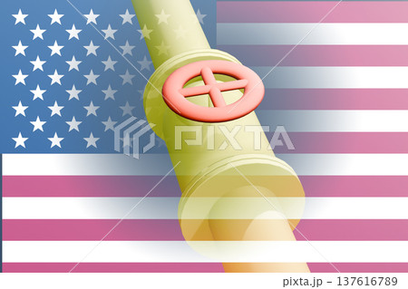 Pipeline with peace symbol stands before American flag Pipeline with peace symbol stands before American flag 137616789