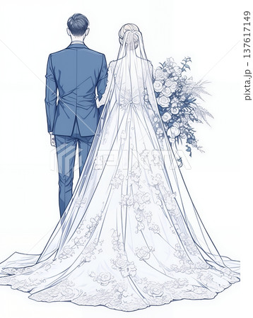 ウエディングドレスを着た女性とタキシードを着た男性 137617149