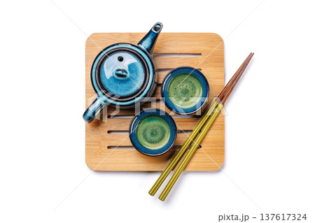 Asian tea ceremony set with teapot and cups 137617324