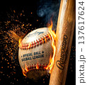 Burning Baseball Hitting Wooden Bat with Sparks in Dramatic Sports Action 137617624