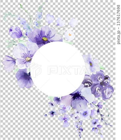 Round frame with watercolor light purple flowers, botanical border isolated illustration 137617698