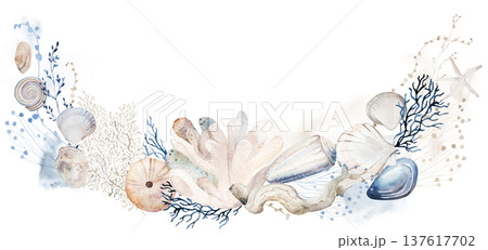 Watercolor arrangement with pastel seashells and plants, illustration for coastal wedding stationery Watercolor arrangement with pastel seashells and plants, illustration for coastal wedding stationery 137617702