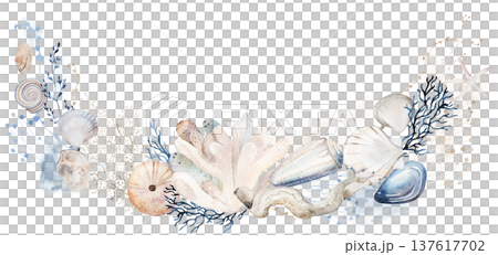 Watercolor arrangement with pastel seashells and plants, illustration for coastal wedding stationery Watercolor arrangement with pastel seashells and plants, illustration for coastal wedding stationery 137617702