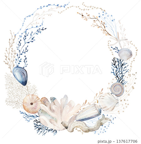 Watercolor frame with pastel seashells and plants, illustration for coastal wedding stationery Watercolor frame with pastel seashells and plants, illustration for coastal wedding stationery 137617706