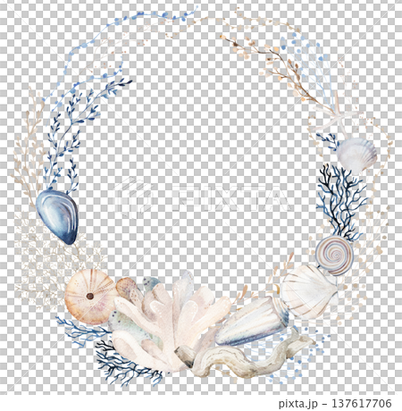 Watercolor frame with pastel seashells and plants, illustration for coastal wedding stationery Watercolor frame with pastel seashells and plants, illustration for coastal wedding stationery 137617706