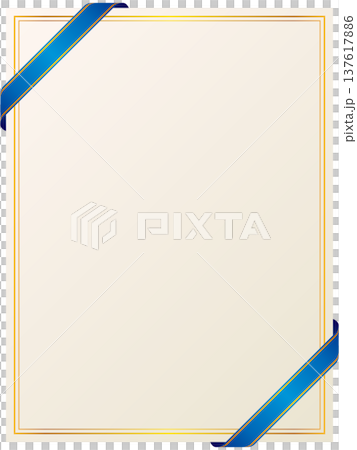 Illustration of a diagonal gold-lined ribbon and vertical card frame (blue) 137617886