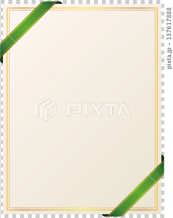 斜め掛けのゴールドライン入りリボンと縦長カードフレームのイラスト（緑） 137617888