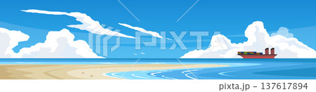 Horizontal or Landscape view transport of container ships ocean trajectory. Vast sandy beaches and the vast ocean. with bird in the center under blue sky and white clouds. 137617894