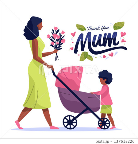 Mother's Day mom with bouquet stroller child hearts leaves celebration family love modern flat design isolated on white Mother's Day mom with bouquet stroller child hearts leaves celebration family love modern flat design isolated on white 137618226