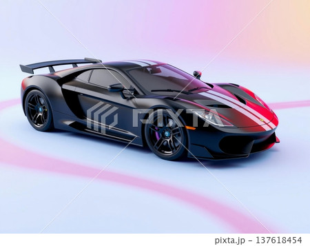 Sleek Black Sports Car with Racing Stripe and Spoiler 137618454