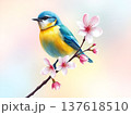 A beautiful watercolor illustration of a spring bird perched on a blossoming branch. The bird is colorful, yellow and green with delicate details in its feathers 137618510