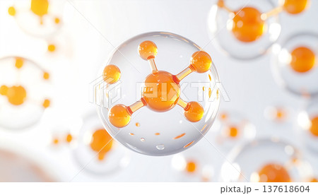 美容成分分子を閉じ込めた透明カプセルの3Dイメージ、スキンケア・美容液 美容成分分子を閉じ込めた透明カプセルの3Dイメージ、スキンケア・美容液 137618604