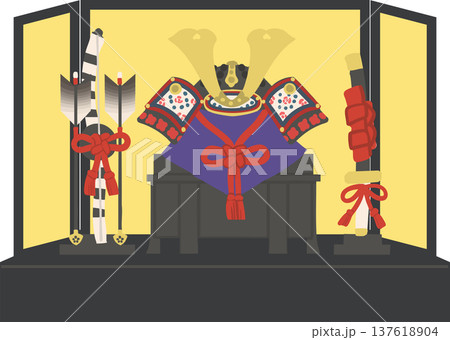 端午の節句の兜飾り（金屏風付き五月人形）こどもの日のベクターイラスト 137618904