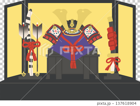 端午の節句の兜飾り（金屏風付き五月人形）こどもの日のベクターイラスト 137618904