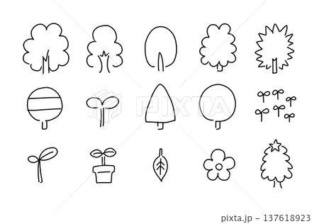 木や植物の可愛い手書きアイコンセット。大木、針葉樹、芽などの様々な植物 137618923
