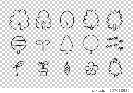 木や植物の可愛い手書きアイコンセット。大木、針葉樹、芽などの様々な植物 137618923