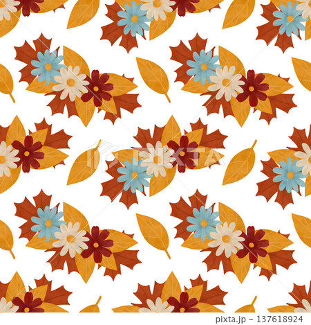 Seamless pattern with simple flowers, autumn leaves in a flat style. Watercolor, pastel. Red, orange, yellow, blue, beige. Design element for products Seamless pattern with simple flowers, autumn leaves in a flat style. Watercolor, pastel. Red, orange, yellow, blue, beige. Design element for products 137618924