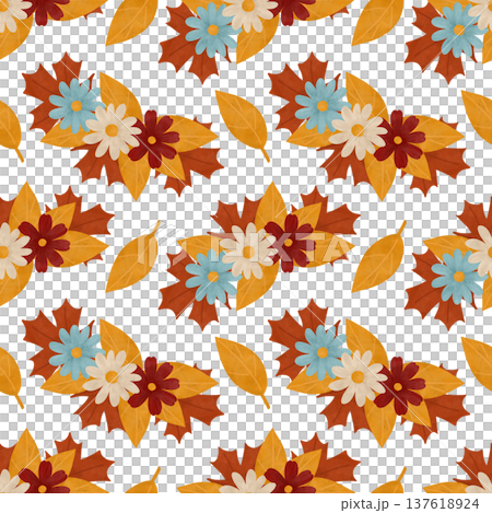 Seamless pattern with simple flowers, autumn leaves in a flat style. Watercolor, pastel. Red, orange, yellow, blue, beige. Design element for products Seamless pattern with simple flowers, autumn leaves in a flat style. Watercolor, pastel. Red, orange, yellow, blue, beige. Design element for products 137618924