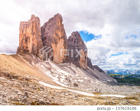 Tre Cime di Lavaredo, aka Drei Zinnen, rock formation in Dolomites, Italy. Tre Cime di Lavaredo, aka Drei Zinnen, rock formation in Dolomites, Italy. 137619106