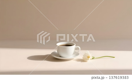 ベージュの背景にコーヒーカップと一輪の白い花　コピースペース 137619383