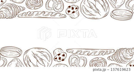 Border with line art style bakery product, bread, croissant, baguette and pretzel. Illustration background for bakery package, menu, wallpaper and cafe design. Border with line art style bakery product, bread, croissant, baguette and pretzel. Illustration background for bakery package, menu, wallpaper and cafe design. 137619623